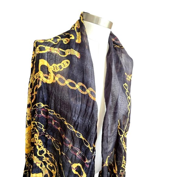 Black & Gold Chain Print Lightweight Polyester Scarf Shawl Wrap Texido JJ3943 - Picture 2 of 11